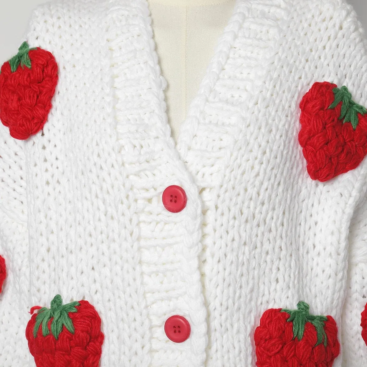 Handmade 3D Strawberries Cardigan Sweater