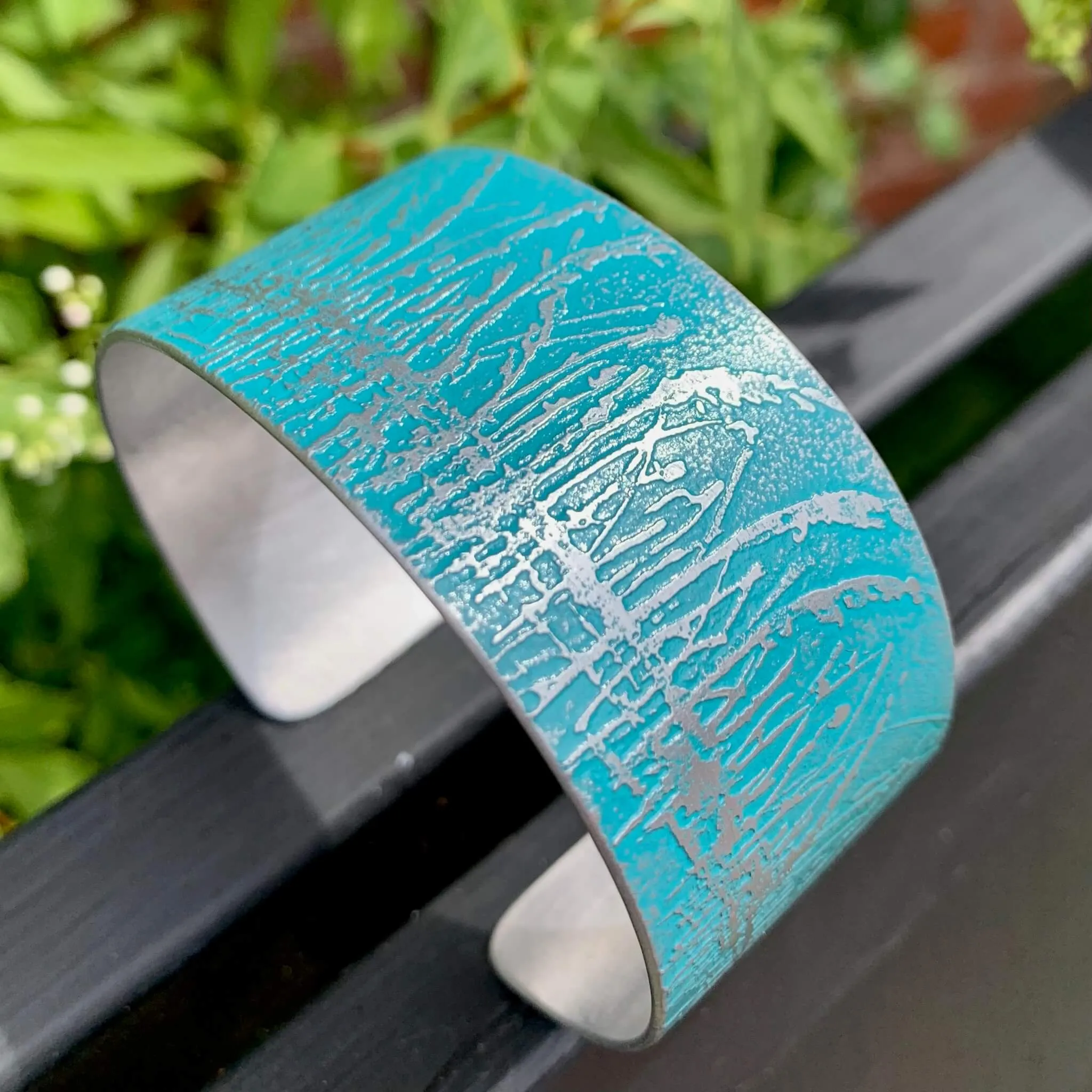 Handmade aluminium cuff in teal blue