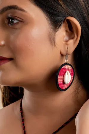 Handmade Black And Red Gamcha Fabric Cowrie Earrings - Non-Allergic, Perfect For Gifting