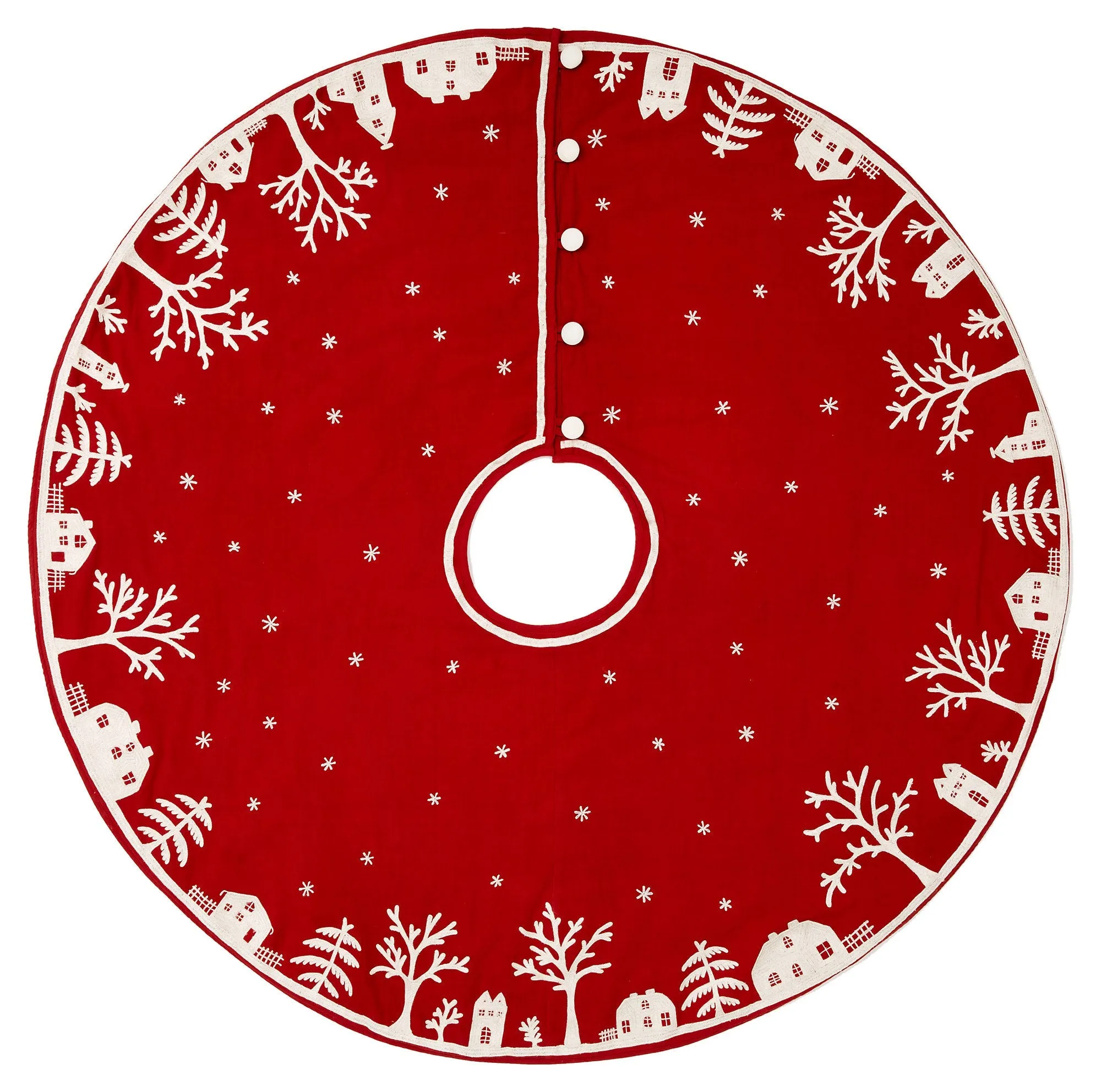 Handmade Christmas Tree Skirt In Cotton - Village Scene On Red - 60"