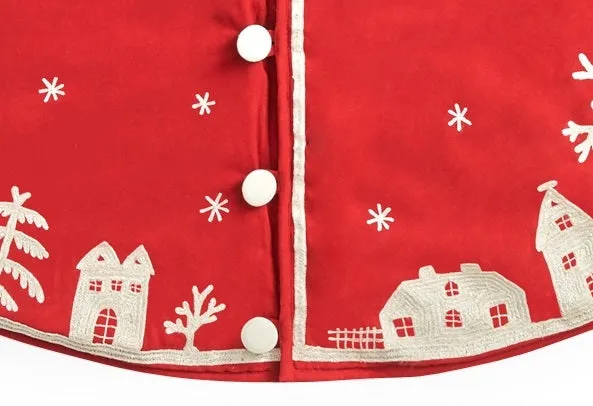 Handmade Christmas Tree Skirt In Cotton - Village Scene On Red - 60"