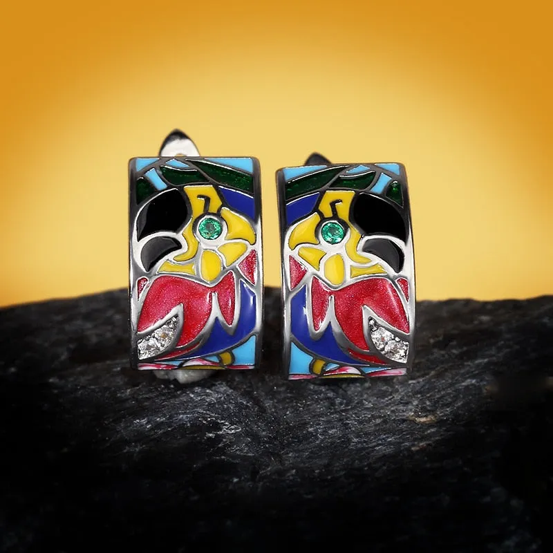 Handmade Enamel Parrot Drop Earrings for Women with Zircon in 925 Sterling Silver