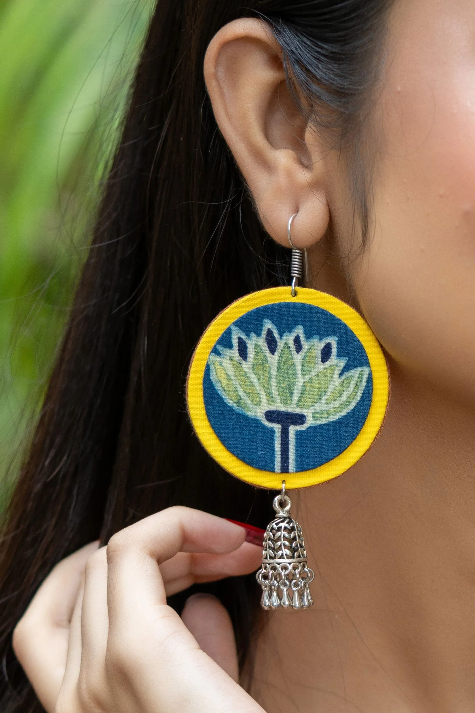 Handmade Fabric with German Silver Jhumka Earrings in Vibrant Yellow, Blue, Green - Unique Artisan Design