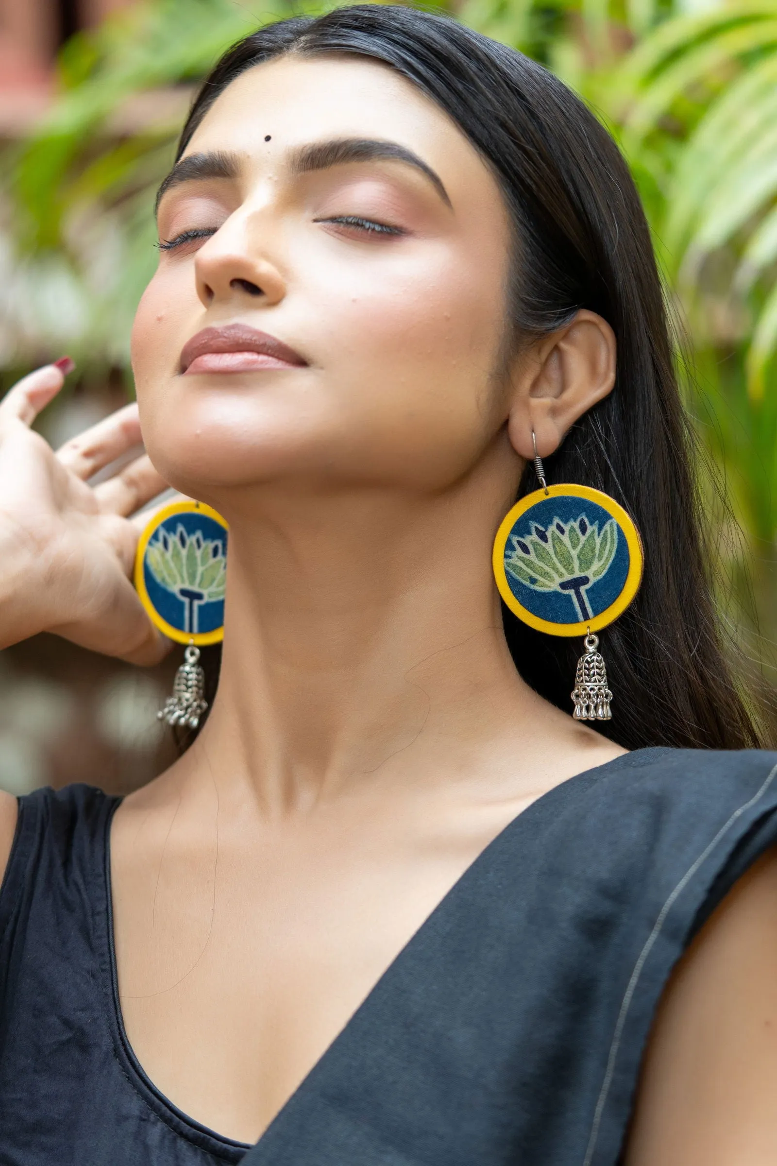 Handmade Fabric with German Silver Jhumka Earrings in Vibrant Yellow, Blue, Green - Unique Artisan Design