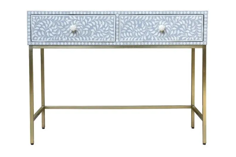 Handmade Floral design Bone Inlay Console Table with Two Drawers in Grey | Entryway Table | Hallway Table