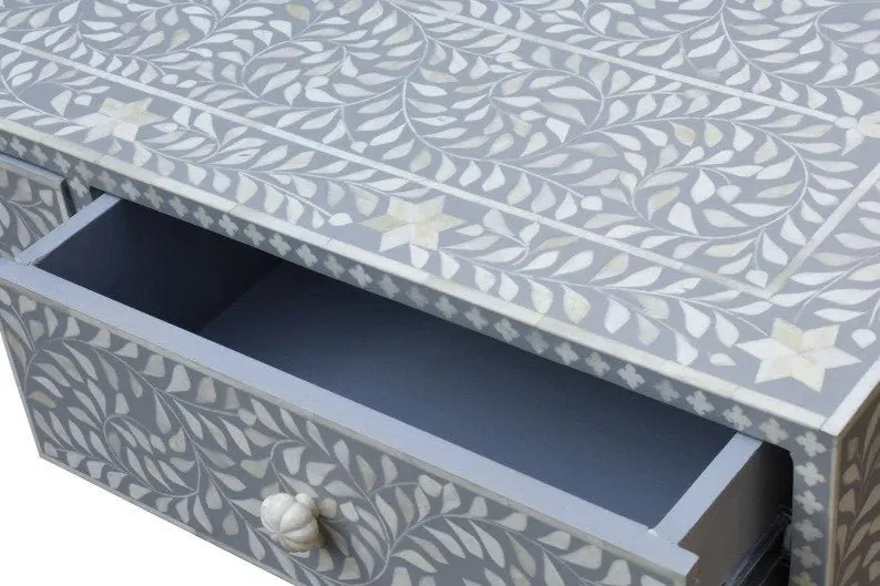 Handmade Floral design Bone Inlay Console Table with Two Drawers in Grey | Entryway Table | Hallway Table