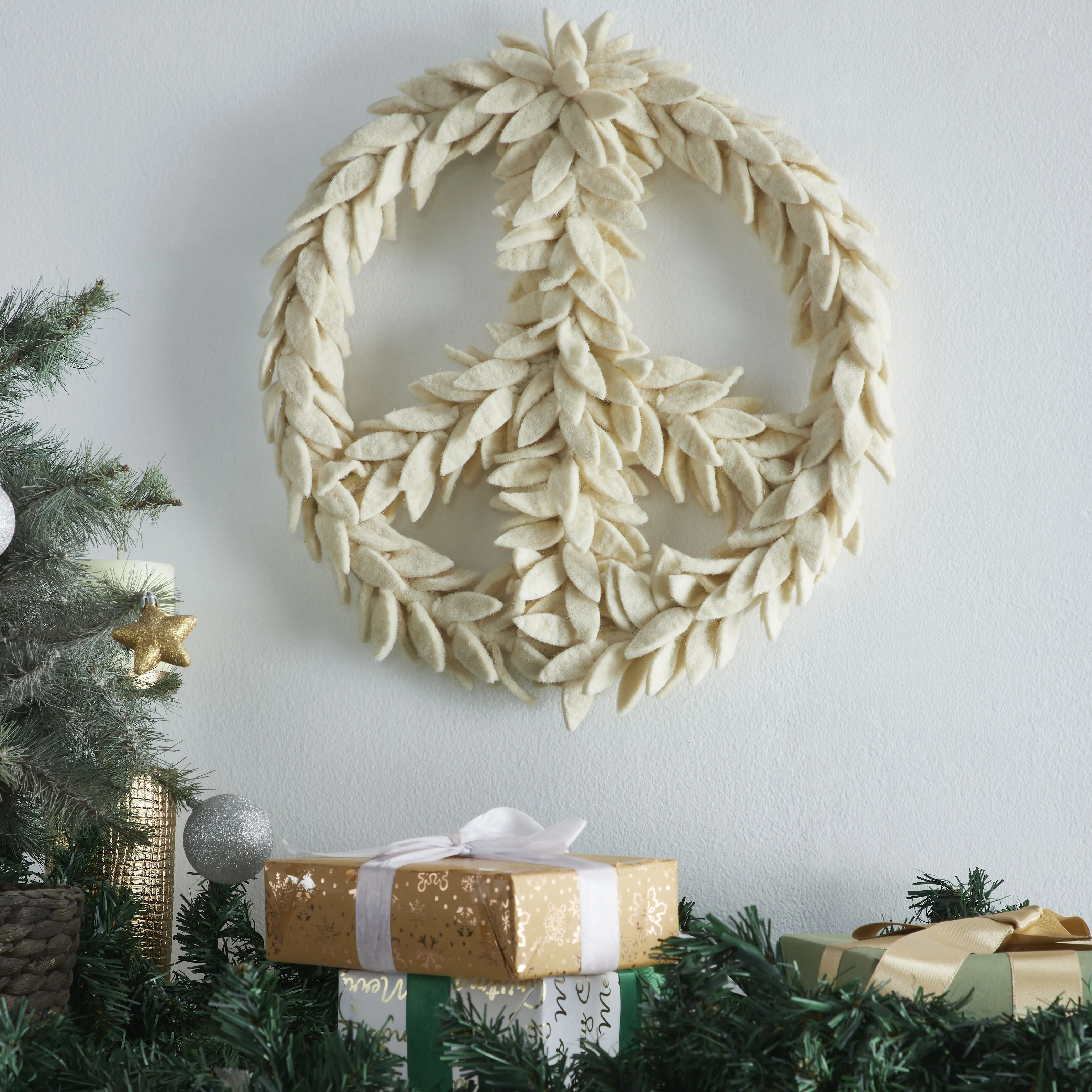 Handmade Hand Felted Wool Wreath - Peace Symbol in Cream - 14"