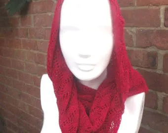 Handmade lace knit infinity scarf. Cowl,  Ruby Red & Lurex coloured