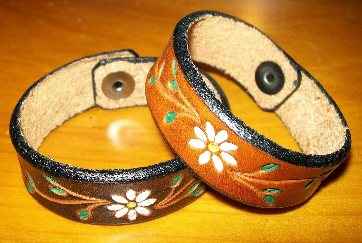 Handmade Leather Bracelets with Tooled and Painted Daisy Flower Design