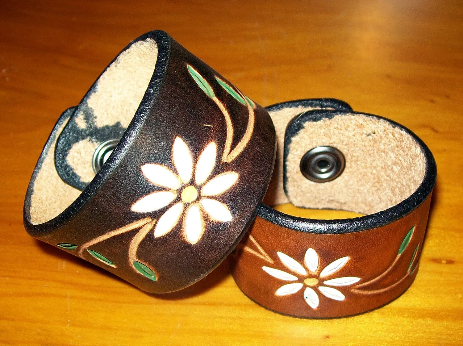 Handmade Leather Bracelets with Tooled and Painted Daisy Flower Design