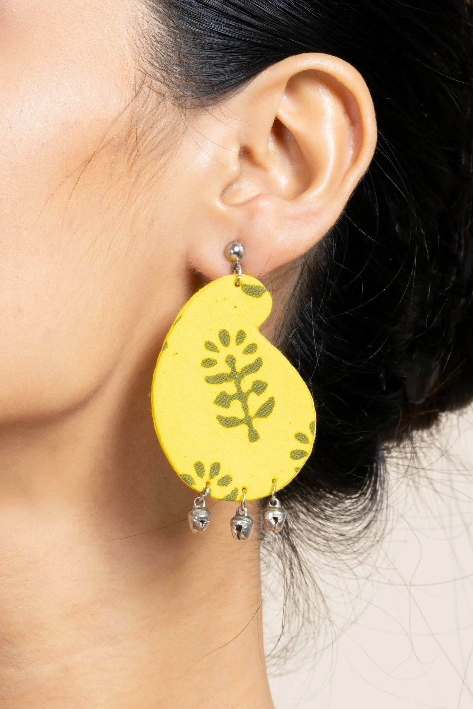 Handmade Lemon Yellow Dabu Fabric Ghungroo Earrings with Oxidized Studs, Elegant & Unique Design