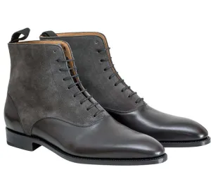 Handmade Men's Ankle High Boot, Men's Pure Black Leather & Suede Formal Boot