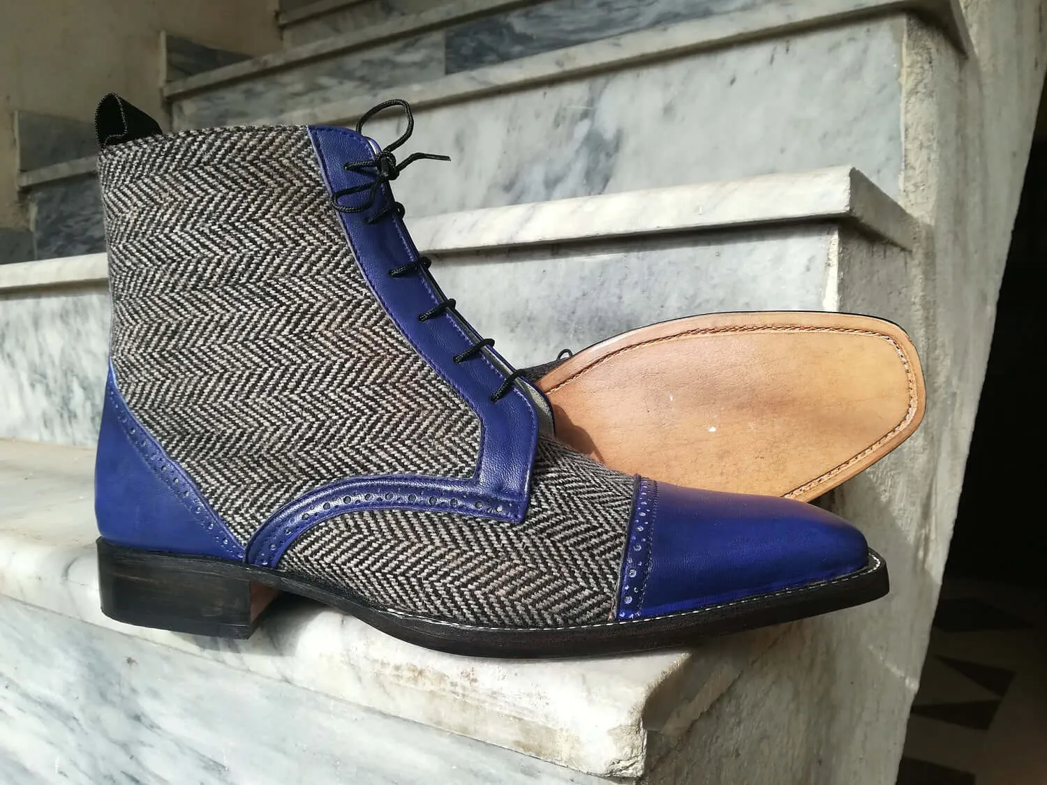 Handmade Mens Blue Tweed & Leather Boot, Men's Ankle High Lace Up Formal Boots