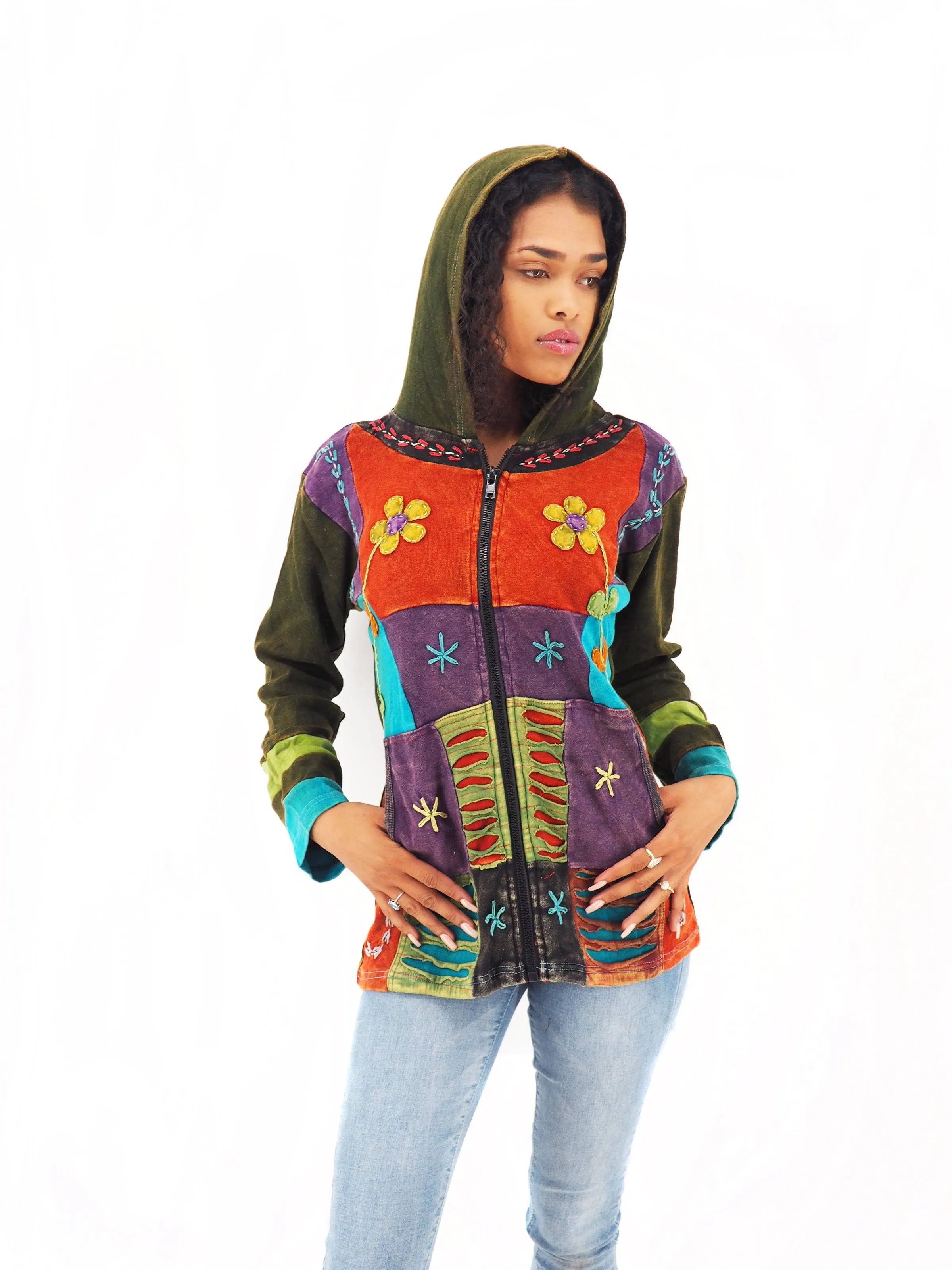 Handmade Patchwork Boho Hoodie 100% Pre-Washed Cotton Pixie Hood Orange Purple Tones S-M-L-XL