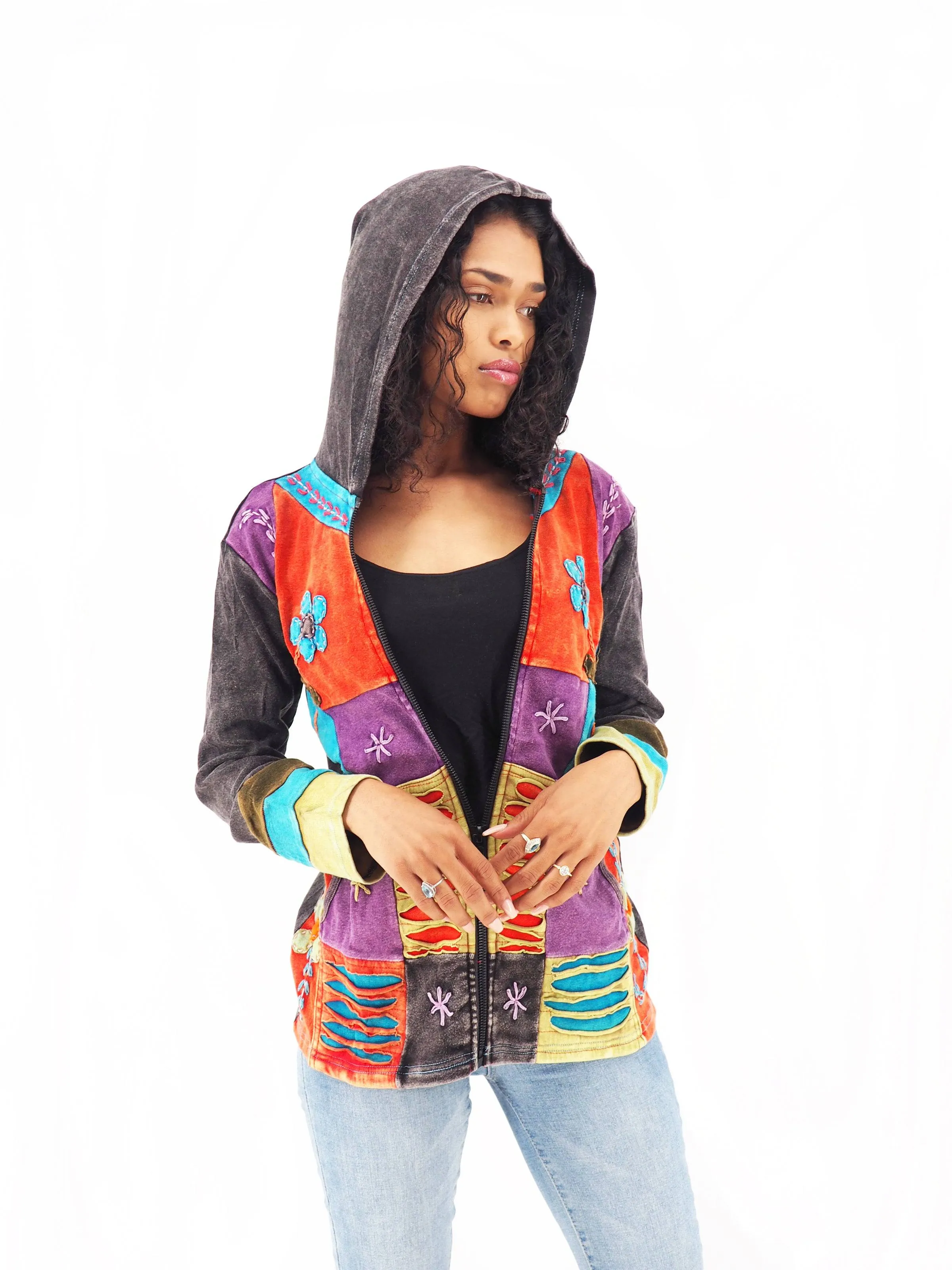 Handmade Patchwork Boho Hoodie 100% Pre-Washed Cotton Pixie Hood Orange Purple Tones S-M-L-XL