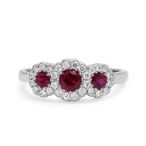 Handmade Platinum Diamond & Ruby Triple Cluster Ring