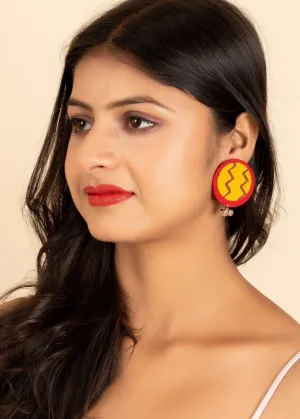 Handmade Red And Yellow Zigzag Cotton Fabric with Ghungroo Stud Earrings For Women - Perfect For All Occasions