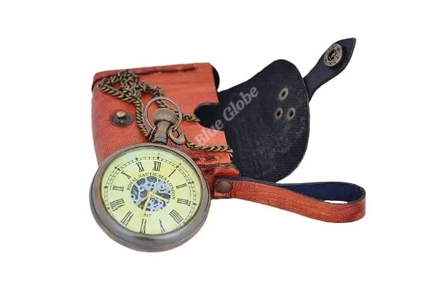 Handmade Roman Dial Antique Brass Clock with Chain and Brown Leather Case by Blue Globe Export