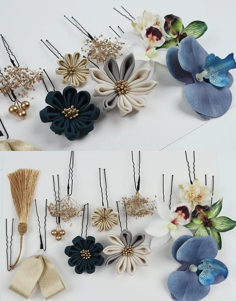 Handmade Tsumami Kanzashi Hairpin 12 Piece Set 【Orchid Silk Flower 】