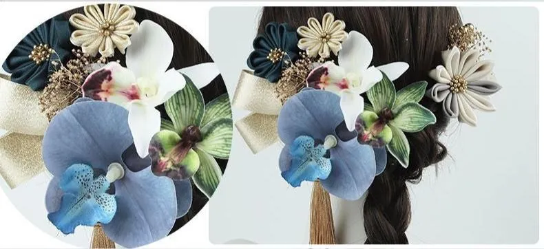 Handmade Tsumami Kanzashi Hairpin 12 Piece Set 【Orchid Silk Flower 】