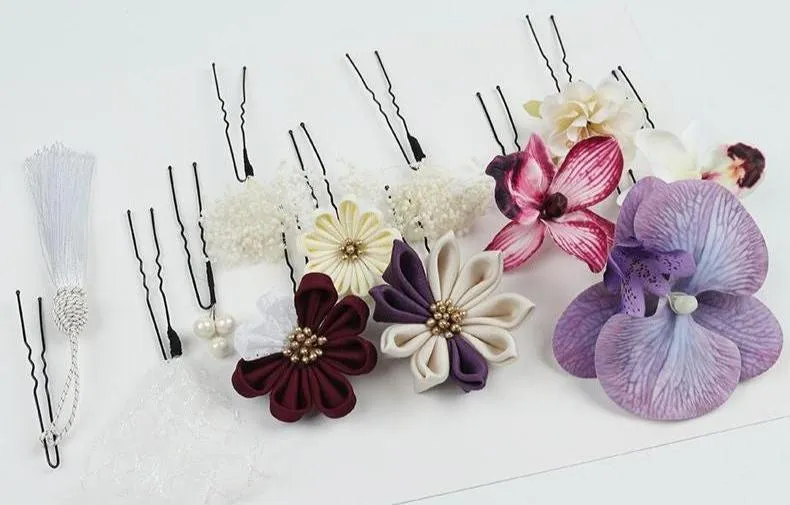 Handmade Tsumami Kanzashi Hairpin 12 Piece Set 【Orchid Silk Flower 】