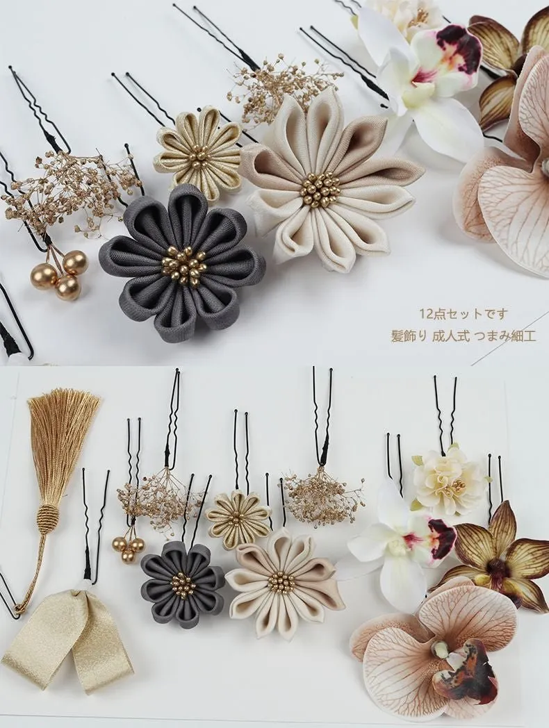 Handmade Tsumami Kanzashi Hairpin 12 Piece Set 【Orchid Silk Flower 】