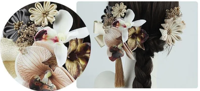 Handmade Tsumami Kanzashi Hairpin 12 Piece Set 【Orchid Silk Flower 】