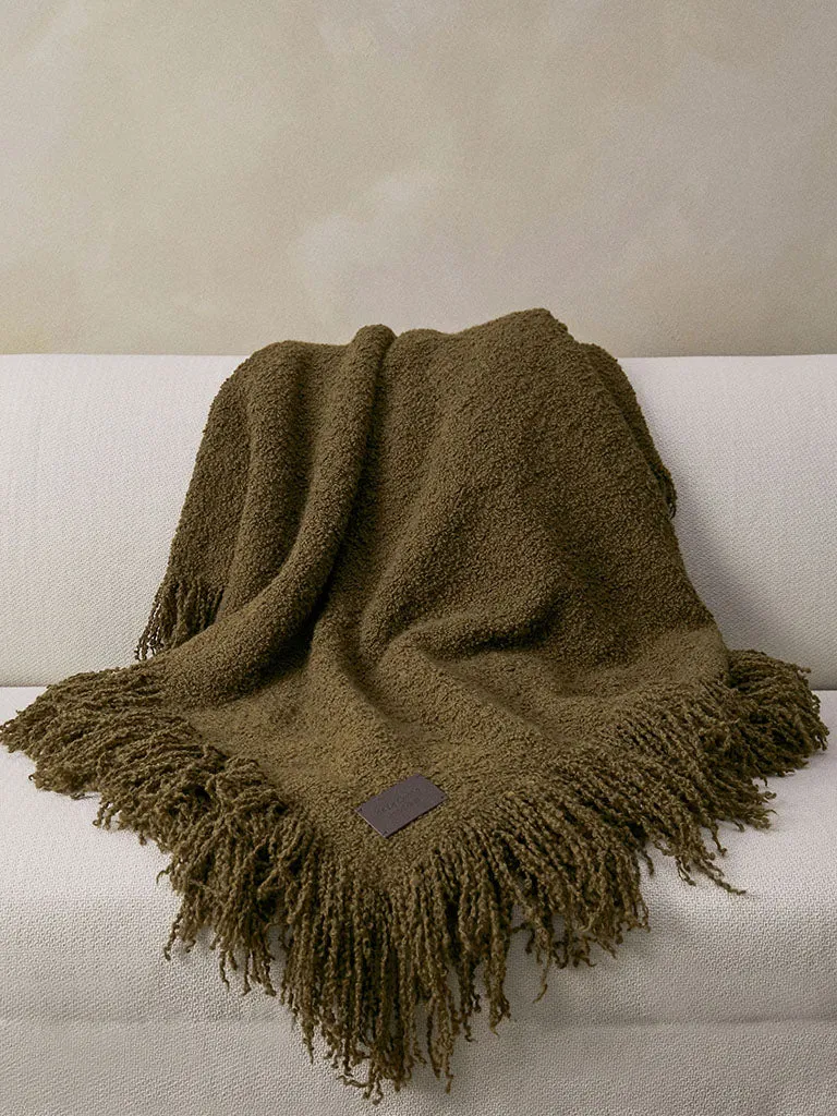 Handwoven Alpaca Blanket with Fringe - Khaki