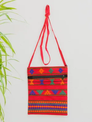 Handwoven Kashida Pattu Small Cross Body Sling Bag - Red Geometrics