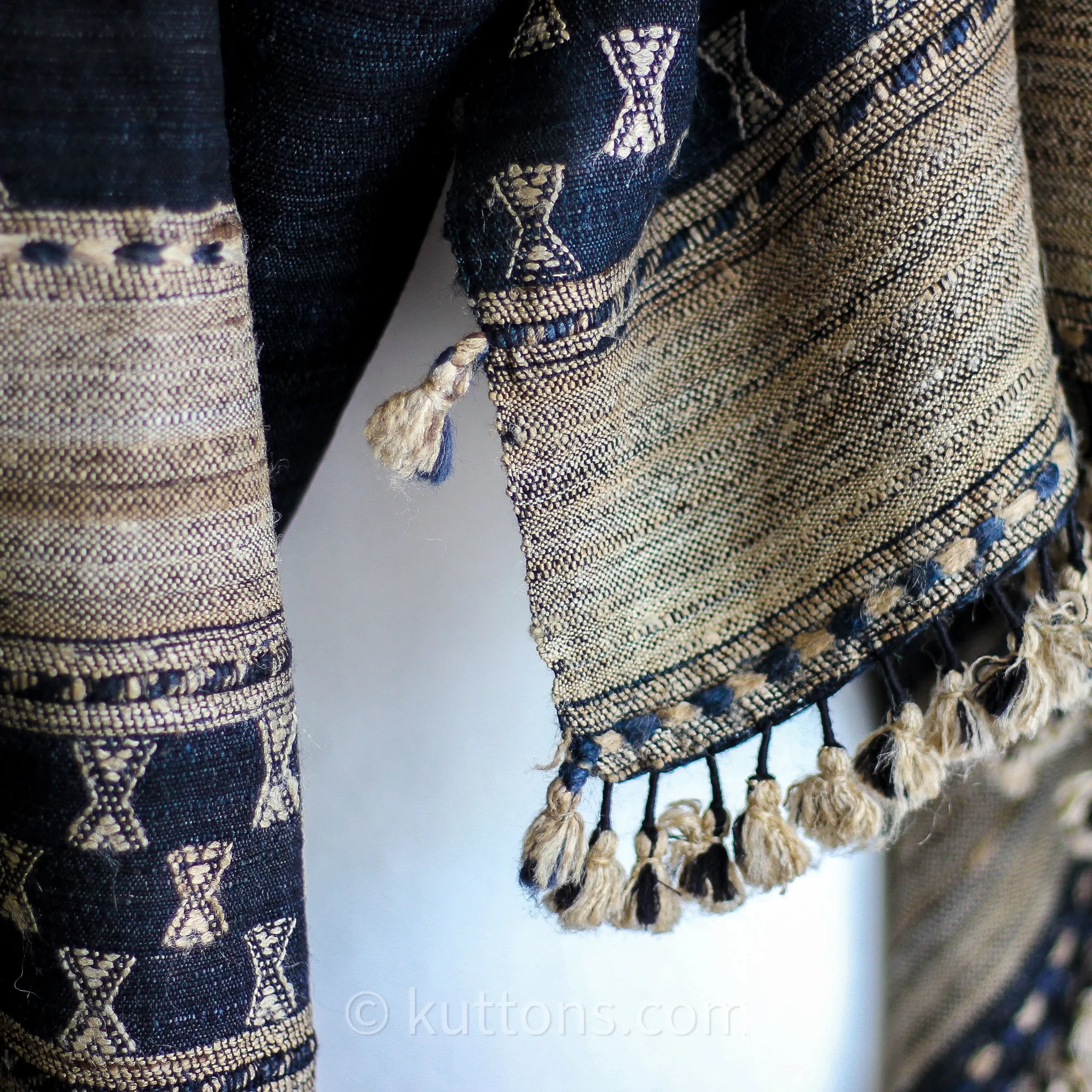 Handwoven Tussar Silk & Merino Wool Shawl with Tassels | Black, Brown, 38x86"