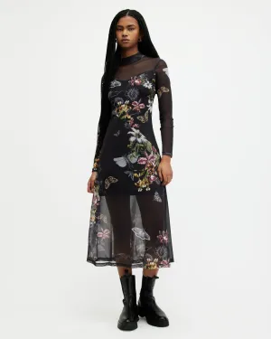 Hanna funnel neck midi dress with AllSaints print, black