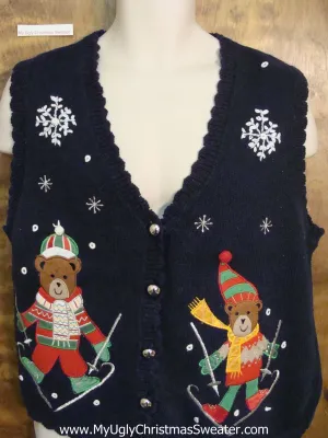 Happy Bears Skiing Ugly Festive Xmas Sweater Vest