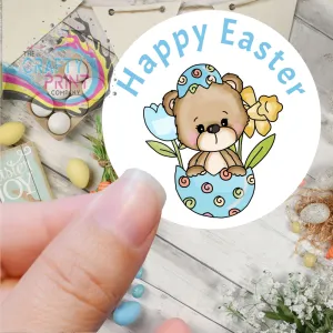 Happy Easter Blue Bear Printed Sticker