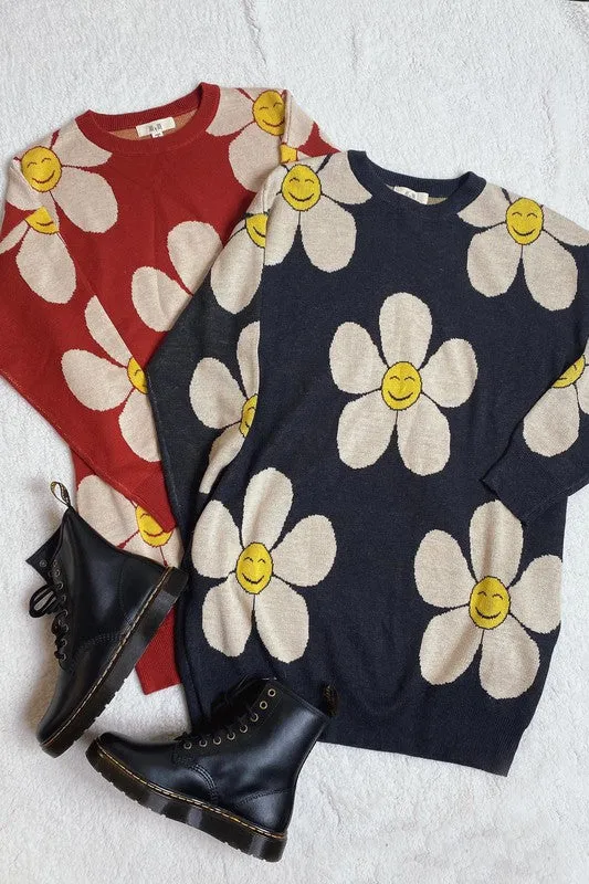 HAPPY FACE FLORAL PRINT KNIT SWEATER Smiley BAggy Sweater New Womens Fashion