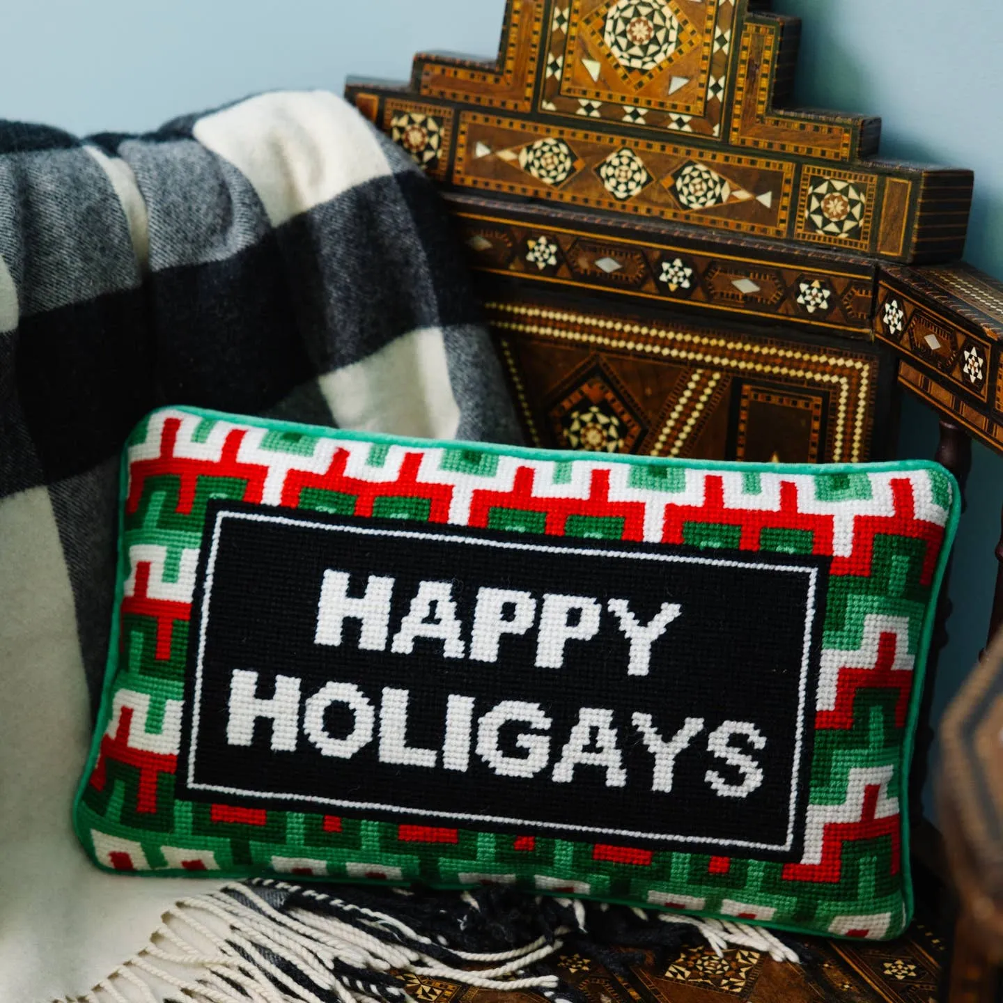 Happy Holigays Needlepoint Pillow