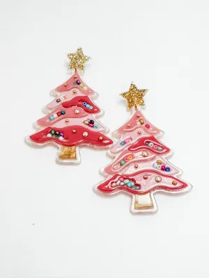 Happy Pink Christmas Tree Earrings