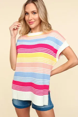 Haptics Striped Side Slit Short Sleeve Knit Top