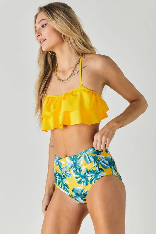 Harbor Solid Ruffle Top And Printed Bottom Swimsuit