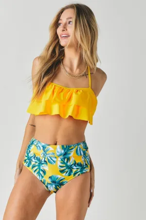 Harbor Solid Ruffle Top And Printed Bottom Swimsuit