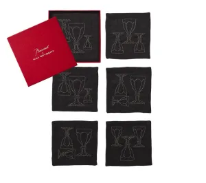 Harcourt Cocktail Napkin in Black & Gunmetal, Set of 6 in a Gift Box