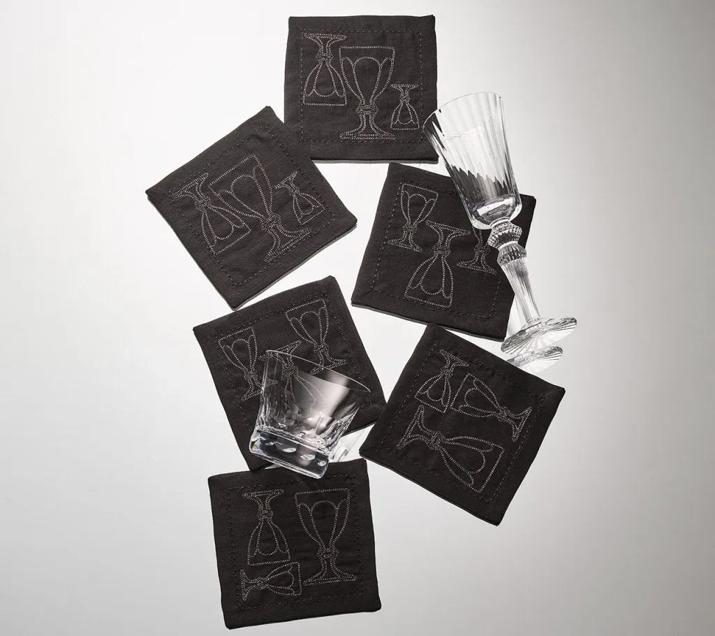 Harcourt Cocktail Napkin in Black & Gunmetal, Set of 6 in a Gift Box