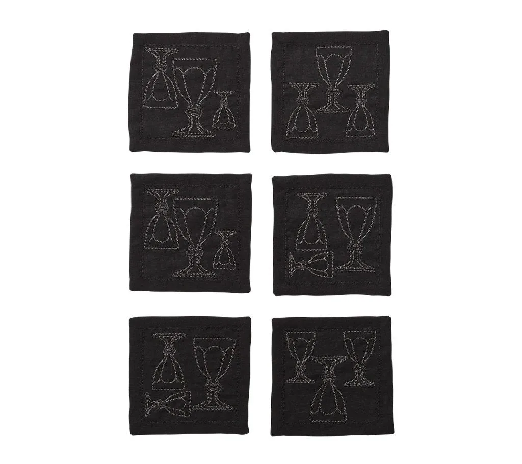 Harcourt Cocktail Napkin in Black & Gunmetal, Set of 6 in a Gift Box