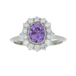 Hard Platinum Purple Sapphire and Diamond Halo Ring