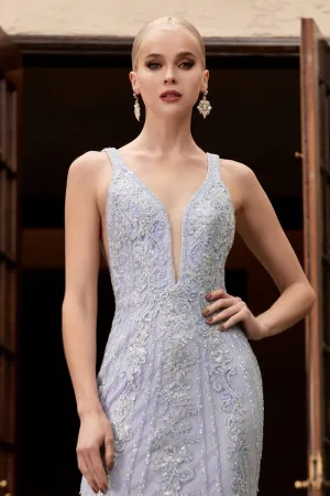 Harlan Beaded Lace Deep Plunge Prom Dress C981TWR-LightBlue  LaDivine CD981 Cinderella Divine CD981