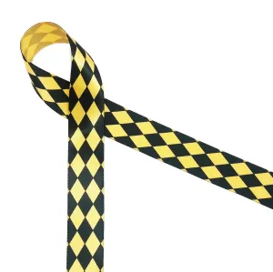 Harlequin Print Black Ink on 7/8" wide Yellow Satin Ribbon