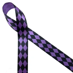 Harlequin Print Ribbon Black Ink on 7/8" wide Purple Satin Ribbon