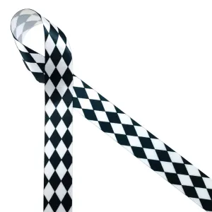 Harlequin Print Ribbon Black Ink on 7/8" wide White Satin Ribbon