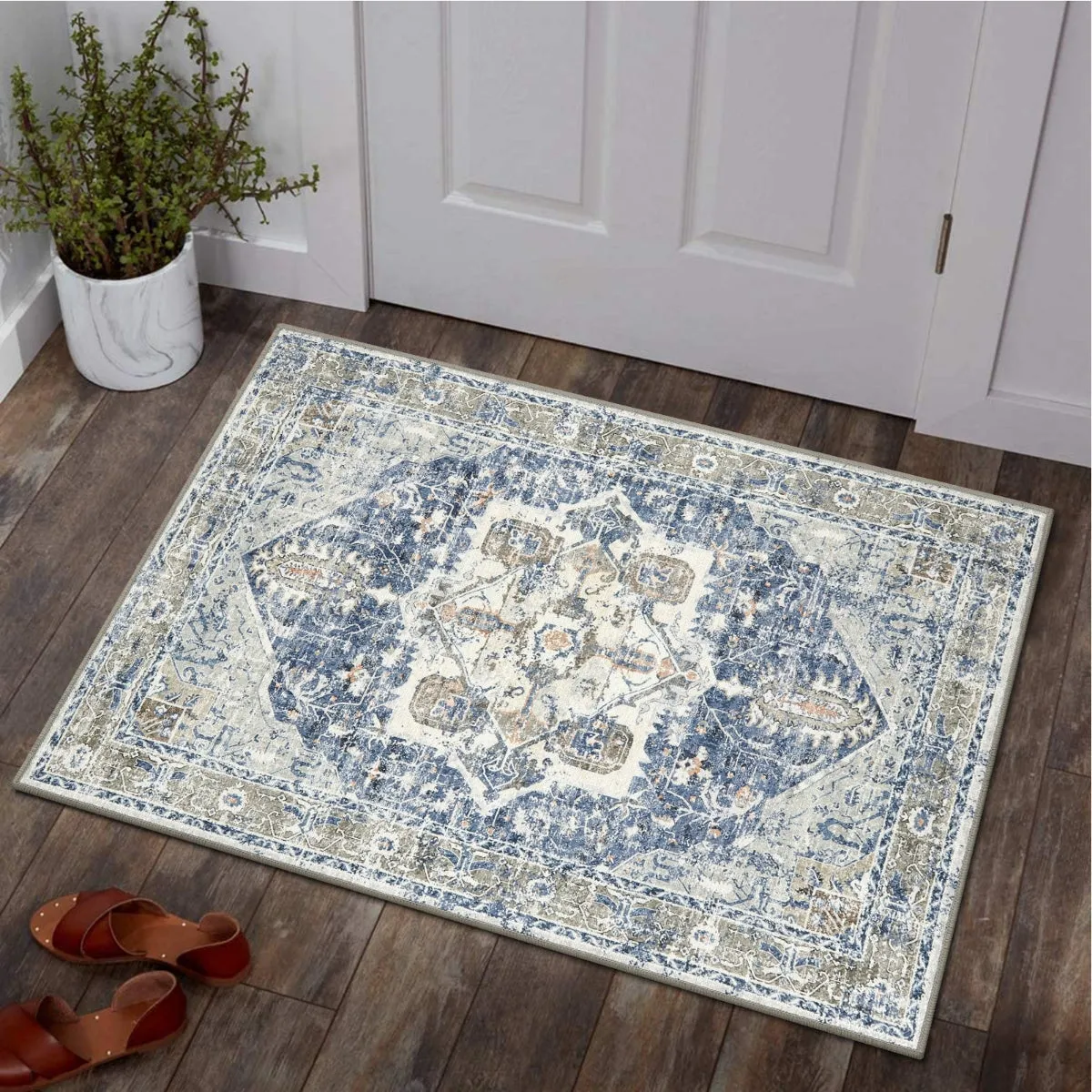 Harriet Traditional Medallion Distressed Blue Area Rug