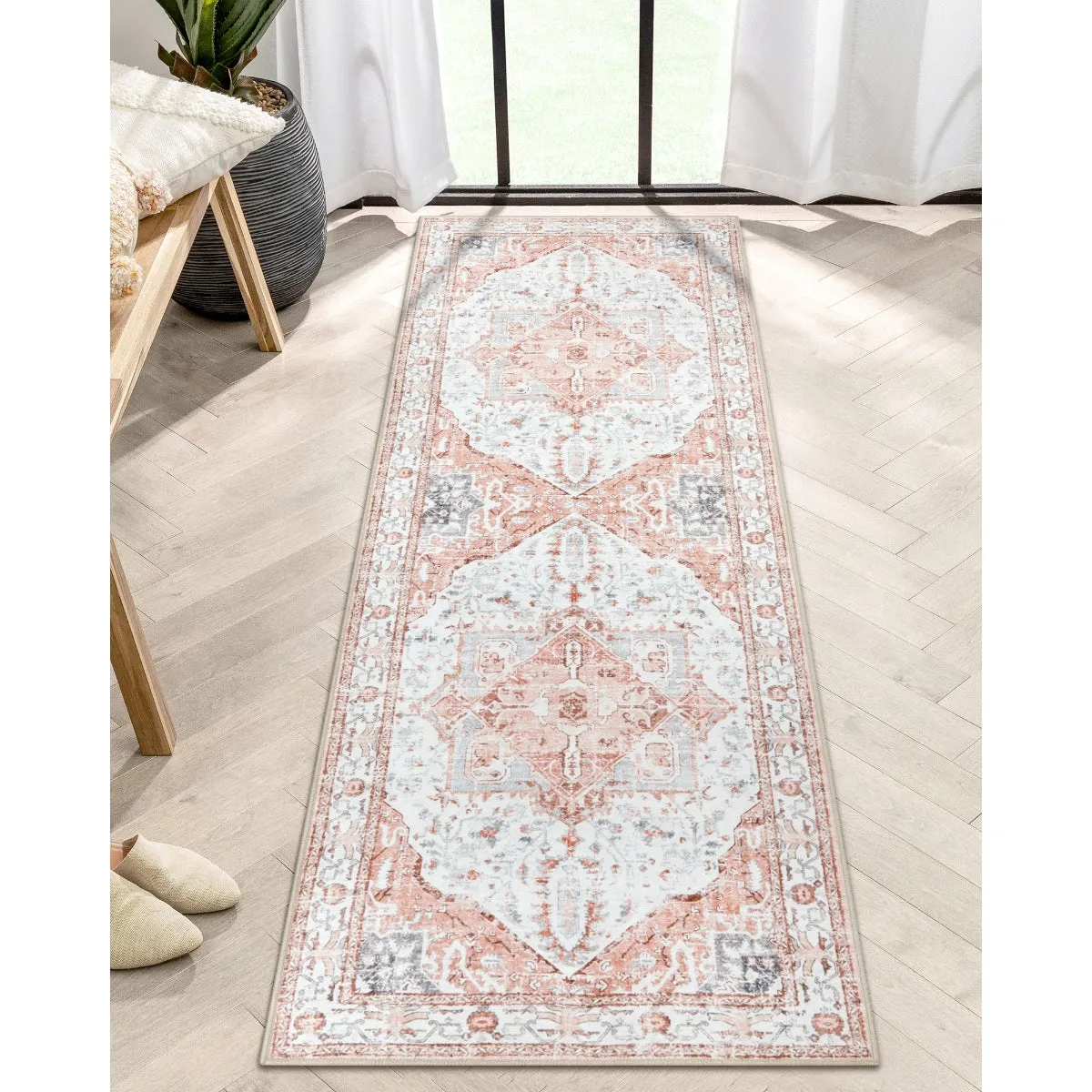 Harriet Traditional Medallion Distressed Pink Area Rug