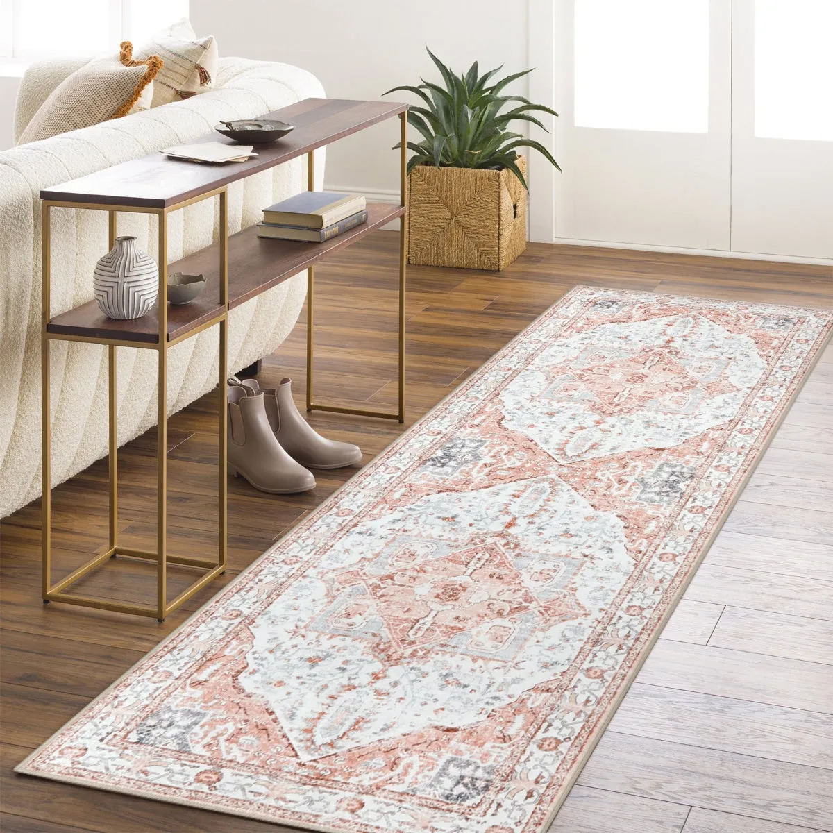 Harriet Traditional Medallion Distressed Pink Area Rug